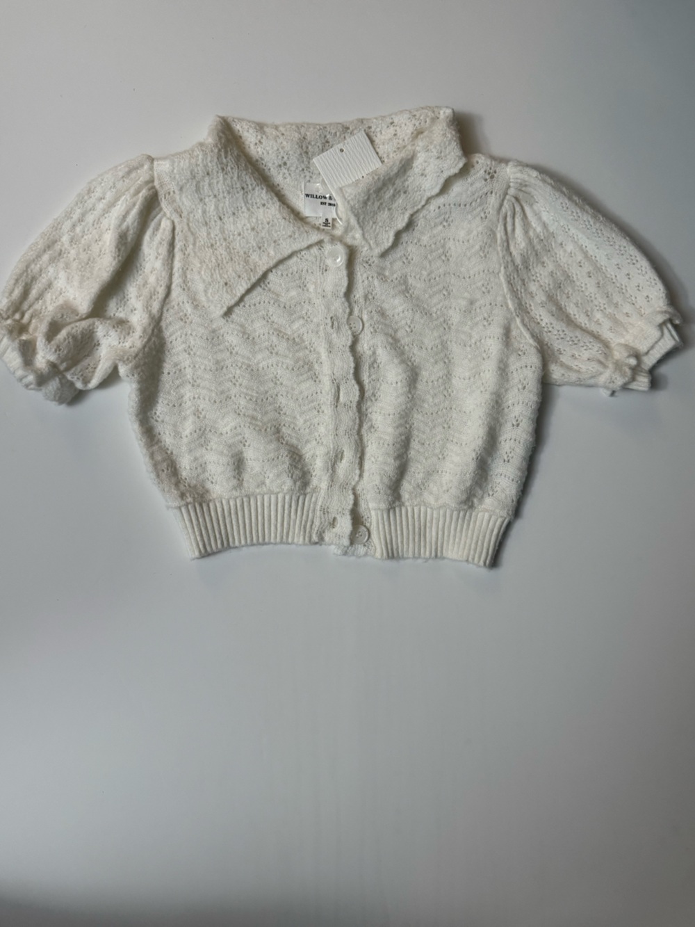 New, White Cropped Knit Cardigan with Peter Pan Collar
